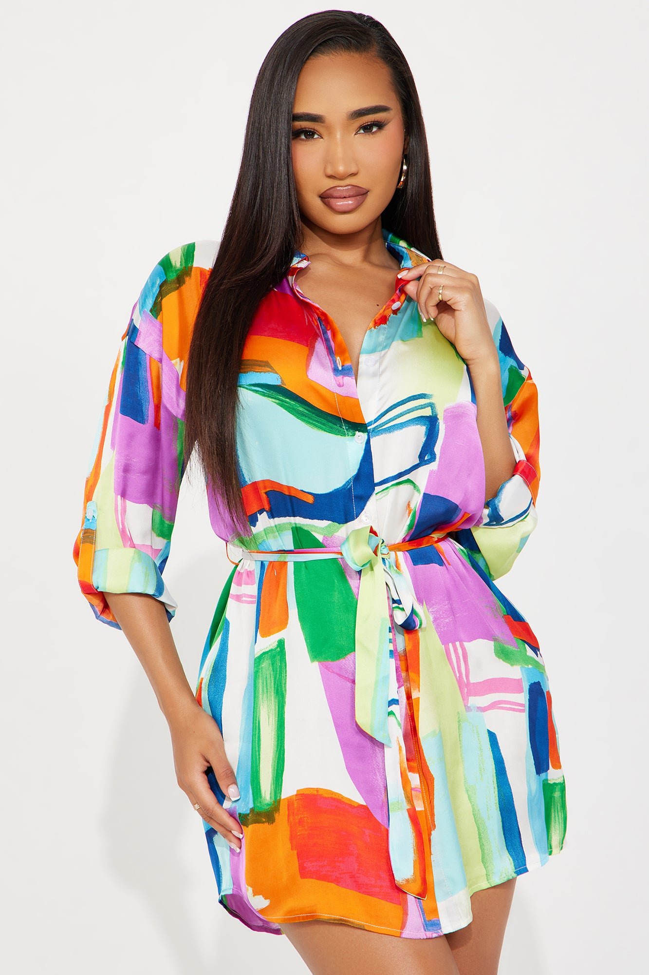 Abstract Satin Shirt Mini Dress