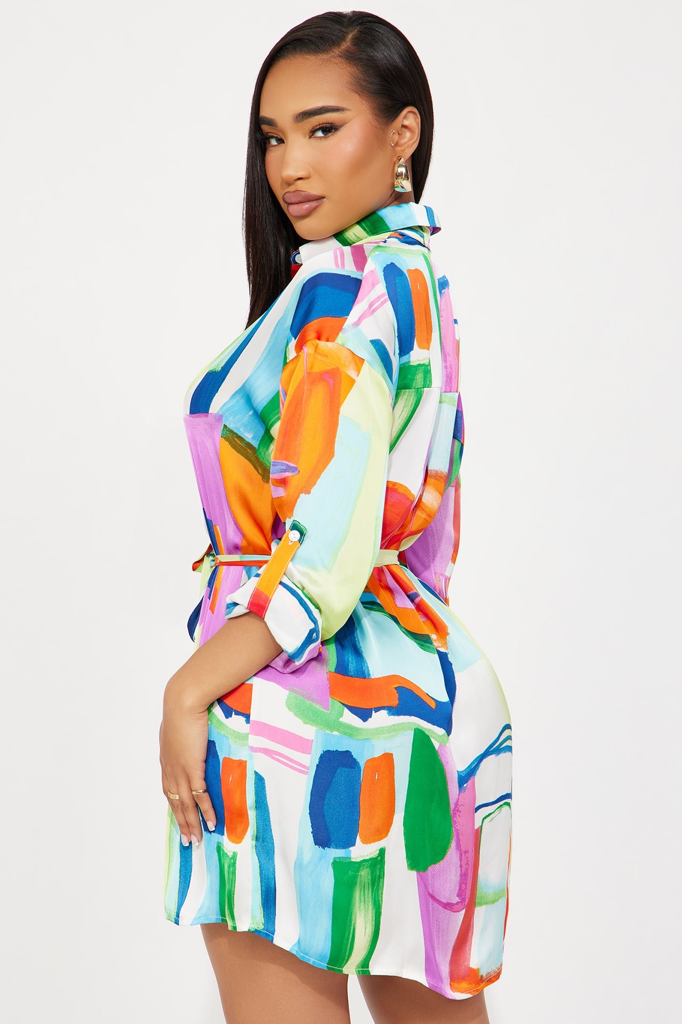 Abstract Satin Shirt Mini Dress