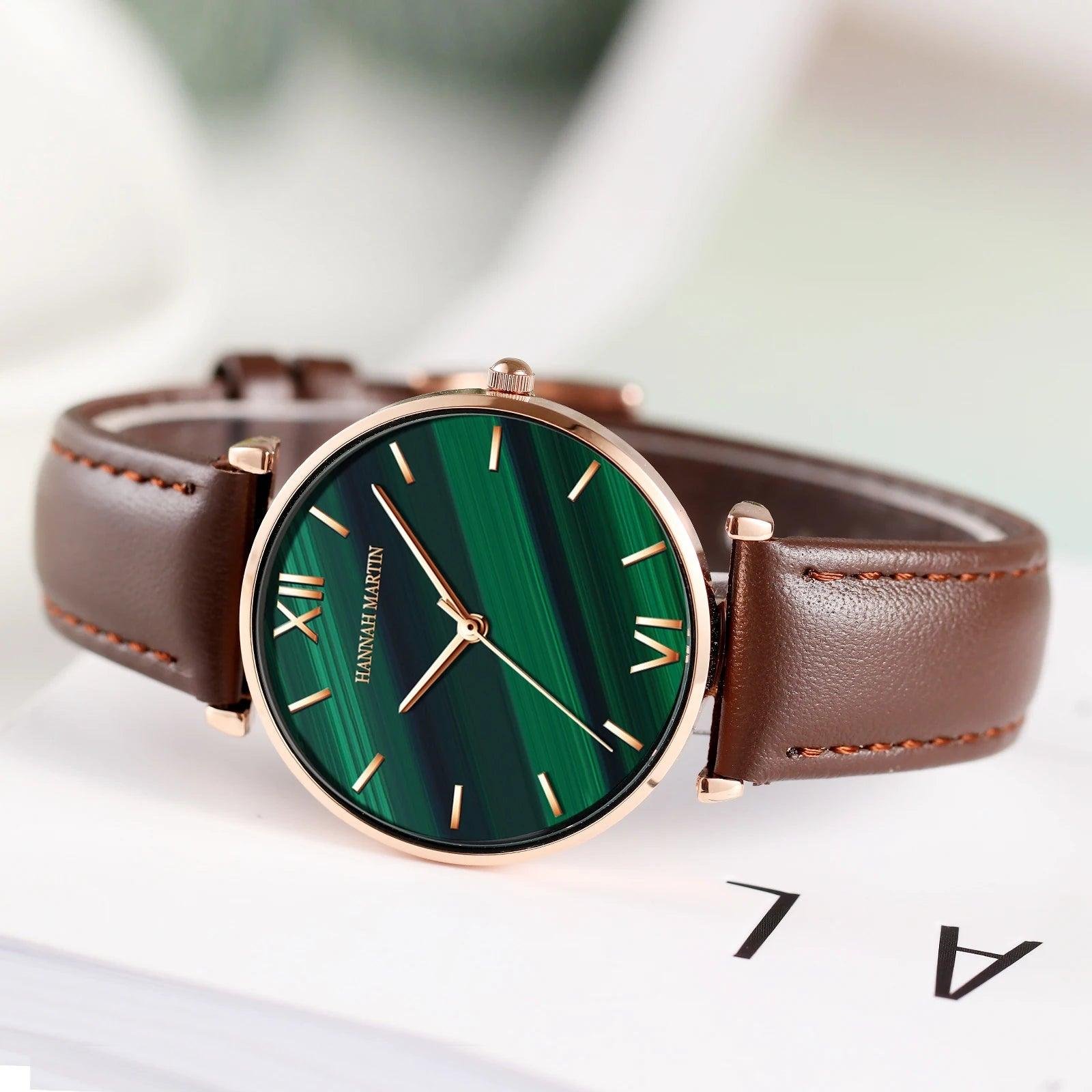 Hannah Martin Forest Malachite Rose Gold Watch
